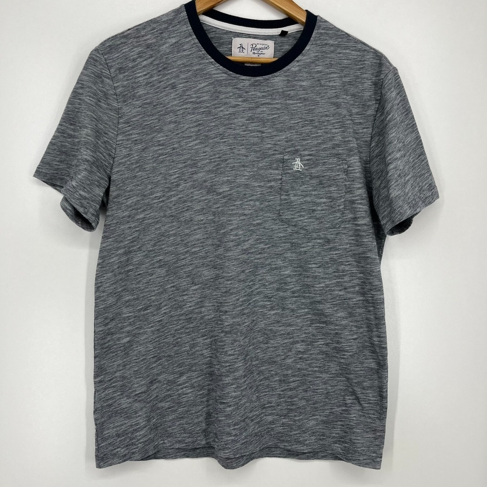Original Penguin Mens Space Dye Pocket T-Shirt Grey Blue Crew Neck Large